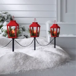 3pc Incandescent Red Metal Lantern With Greenery Christmas Novelty Path Light Clear - Wondershop™: UL Listed, Festive Outdoor Decor