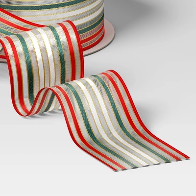 30' Christmas Fabric Ribbon Red White Green Striped - Wondershop™ 2 30' Christmas Fabric Ribbon Red White Green Striped - Wondershop™ - Image 2