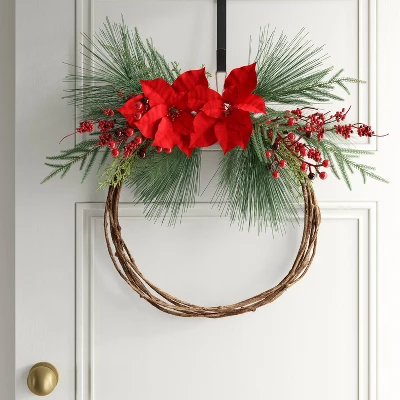 22" Christmas Unlit Asymmetrical Red Poinsettia Wreath - Wondershop™ 1 22" Christmas Unlit Asymmetrical Red Poinsettia Wreath - Wondershop™