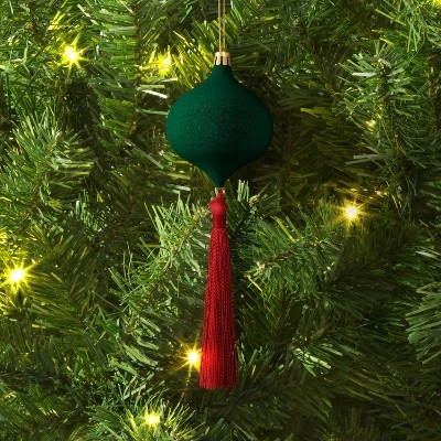 Christmas Onion Shaped Flocked Dark Green Ornament With Tassle - Wondershop™ 1 Christmas Onion Shaped Flocked Dark Green Ornament With Tassle - Wondershop™