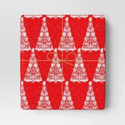 Wondershop 23 30” 20 Sq Ft Christmas Roll Wrap White Trees On Red - Wondershop™