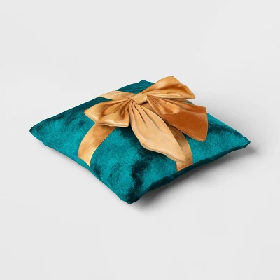 16"x6" Christmas Green Velvet Square Pillow With Teal Bow - Wondershop™ 2 16"x6" Christmas Green Velvet Square Pillow With Teal Bow - Wondershop™ - Image 2